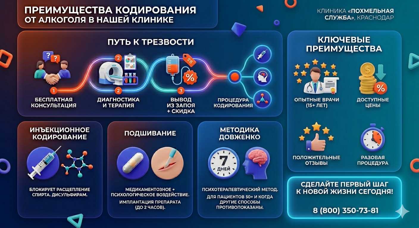 Инфографика о методах кодирования от алкоголя в Карасуке: инъекции, подшивание, метод Довженко. Преимущества клиники и этапы лечения.